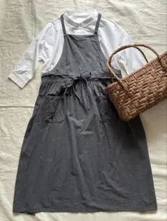 日本製◆GASA◆que？◆リネンノースリワンピース◆エプロンドレス◆グレージュ 日本製◇GASA◇que？◇リネンノースリワンピース◇エプロンドレス