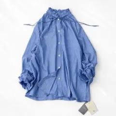 【未使用タグ付き】イエナ　コットンフリルシャツブラウス　リボンタイ　ストライプ