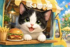 ハンバーガーのキッチンカーと子猫 デジタルアート イラスト
