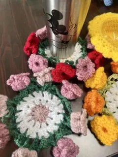 かぎ針編み 花モチーフ コースターセット 4点セット インテリア風 花飾りマット