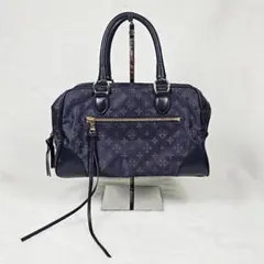 ラシット　ブラックネイビー　ミニボストンバッグ モノグラム柄 レザーコンビ