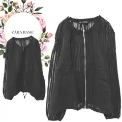 【ザラ】ZARABASIC♡シアーストライプノーカラージャケットジップ【М】黒のサムネイル
