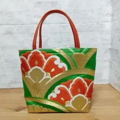 帯リメイクバッグ青海波に 花文グリーン