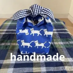 猫柄の弁当袋ハンドメイド♪おにぎりポーチ。。。ねこ♪ブルー