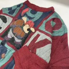 アニマル柄 刺繍 ホッケー レトロ ニット ボルドー メンズM