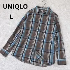 UNIQLO ユニクロ ネルシャツ チェック柄 長袖 ブラウン ブルー 古着 L