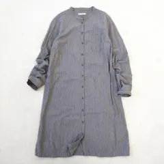 サニークラウズ　シャツワンピ　ストライプ　綿100%　ノーカラー　グレー