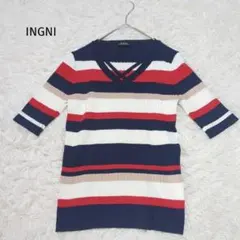 イング リブ ニット カットソー マルチ ボーダー 五分袖 Vネック M