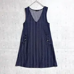 【VIVERE】ストライプワンピース (M) ノースリーブ Vネック 裏起毛