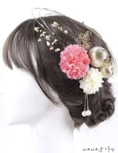 [NANA手作り]髪飾り 和玉 ピンポンマム ピンク水引 金箔