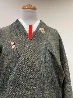 洗える袷着物　グリーン　深緑系　さんび　モダン　しつけ付き　中古美品