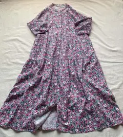 サマンサモスモス　花柄　七分袖　シャツワンピース　リネン混　ティアード