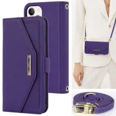 iPhone15plus 手帳型ケース ショルダー付き　ミラー 鏡付き　パープル