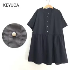 KEYUCA ケユカ パールボタン ペプラム ギャザーブラウス 半袖 ネイビー