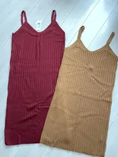 新品ニットワンピ2色セット♡リブ編みロングワンピース ワイン&キャメル