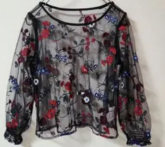 花柄刺繍 シアー 長袖ブラウス ブラック