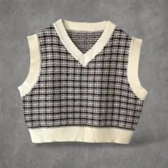 レピピアルマリオ　ニットベスト　S　ブラック系　Ｖネック　カジュアル　チェック柄