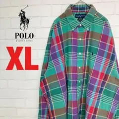 【90's刺繍ロゴ入】ポロバイラルフローレン　マドラスチェックボタンダウンシャツ