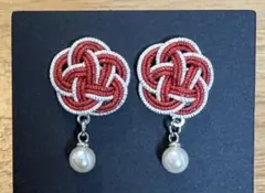 水引 梅結び ピアス 赤 白 シルバー パール スタッドピアス ハンドメイド