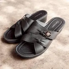 レディース 厚底 サンダル ―ブラック―ミュール ウェッジソール リボン 花