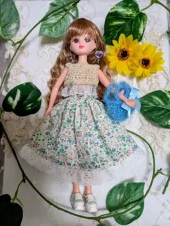 22cmドール服 レース切り替えワンピース×お花ツイードバッグ♡2点