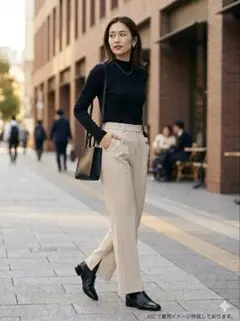 ジーナシス タックパンツ　スラックス　 裾スリット 美脚　ウエストゴム　通勤　F