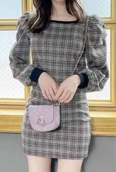 GRL チェック柄バックオープンリボンパワーショルダーワンピース sf688