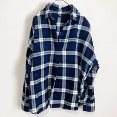 ユニクロ チェック スキッパー 襟 7分袖 裾ラウンド【S】紺 白 黒 綿100