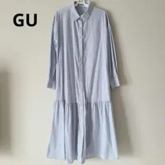 GU ギャザー切り替えシャツワンピース 長袖 M ブルー