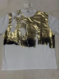 ZARA 箔プリント半袖Tシャツ ホワイト L ユニセックス