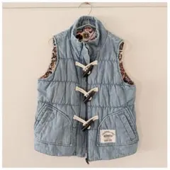 ライトブルー ダウンベスト 花柄裏地 130 デニム風 ベスト
