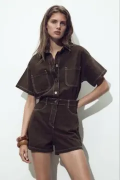ZARA デニム オールインワン ジャンプスーツ M ブラウンザラのサムネイル