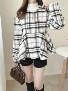 チェック柄パールペプラムショート丈ジャケット[tu1450] アイボリー