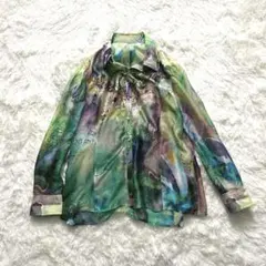 伊太利屋マーブル模様リボン付きブラウスシャツ美品オーロラ総柄のサムネイル