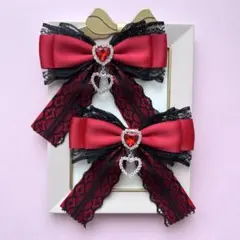 【推し活】レッド 黒レース ハートチャーム付き ヘアクリップ 2個セット 赤色