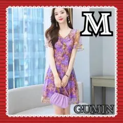 シフォンワンピース 花柄 パープル 紫 爽やか 夏 エレガント 高品質 M