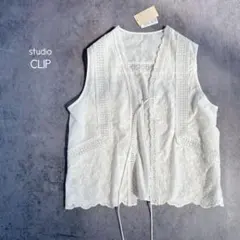 美品 studio CLIP ⿻ コットン 花柄 刺繍 ベスト ジレ ナチュラル