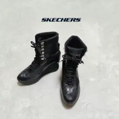 美品　スケッチャーズ　厚底ウェッジソールブーツ　レースアップ　黒　23.5cmのサムネイル