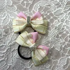 リボンヘアゴムセット ピンククリーム