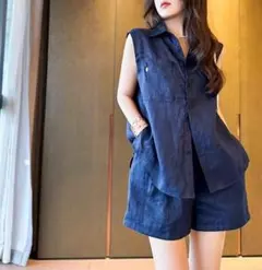 セットアップ上下 シンプル 無地 袖なし ブラウス ショートパンツ 通勤