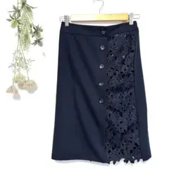 Nohea｜レーススカート｜フロントボタン｜膝丈｜ウエストゴム｜ネイビー｜M
