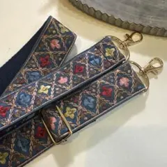A7インド刺繍リボンショルダーストラップネイビースマホ携帯カバン水筒ベルト