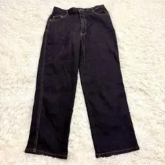 7910 美品✨黒デニムパンツ ジーンズ L ワイド ウエストゴム ストレッチ