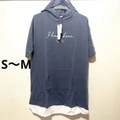 半袖 フード付き パーカー 重ね着風 ブルー S-M