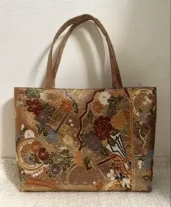 着物帯リメイク 和風花柄刺繍トートバッグ ハンドメイド A４対応