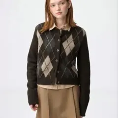 新品　GU　ジーユー　パフニットアーガイルクルーネックカーディガン