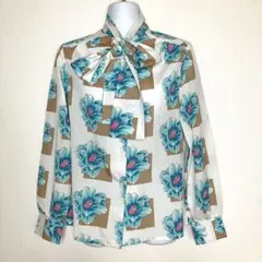 フラワープリントリボン付き長袖シャツ　柄シャツ　古着　花柄　レトロ モダン