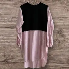 長袖シャツ ワンピース黒×朱色のドッキングシャツワンピースLサイズ