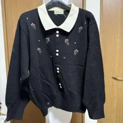 花柄刺繍 長袖ニットセーター 黒