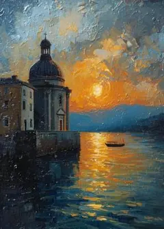 2042 黄金の夕日と海辺の教会の風景画アートポスター壁掛け用インテリア